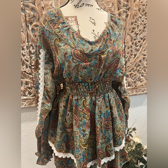 Pink and Silver Gypsy Bohemian Asymmetrical Layered Midi Dress w/ Crochet Trim - Picture 6 of 16